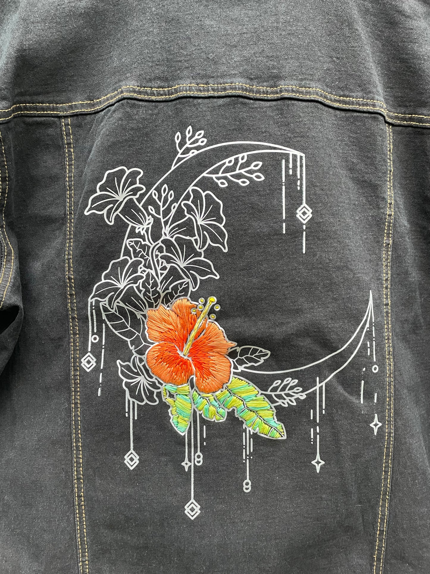 Black Jean Jacket With Floral Moon