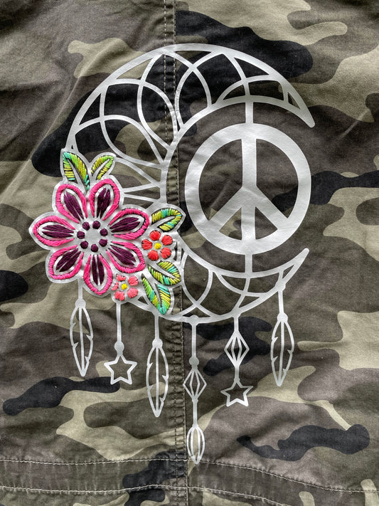 Camo Utility Vest with peace Sign and Flowers