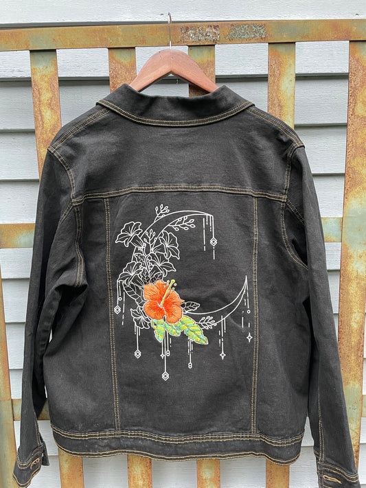 Black Jean Jacket With Floral Moon