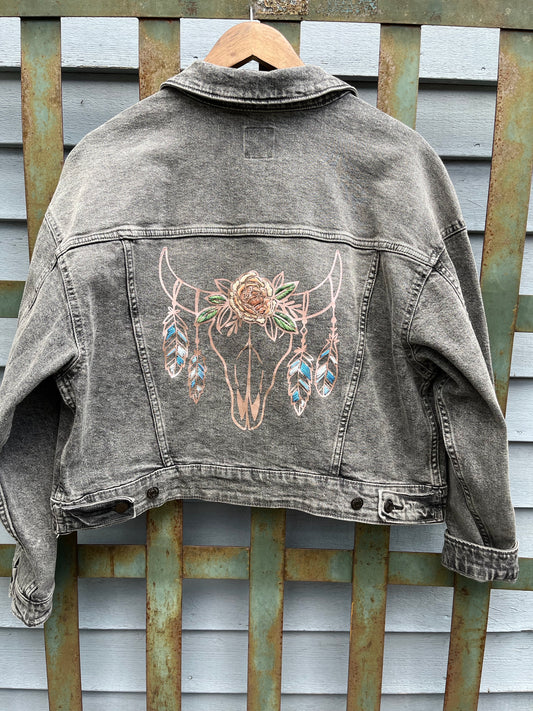 Grey Jean Jacket with Bull Skull