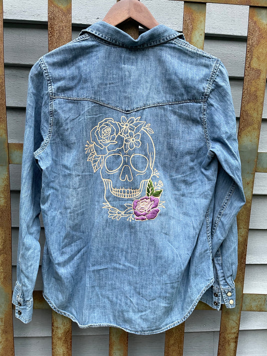 Jean Shirt With Skull and Flowers