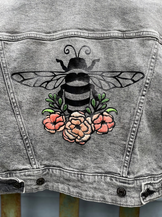 Grey Jean Jacket with Bee and Flowers