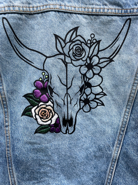 Bull Skull Jean Jacket with Purple Flowers